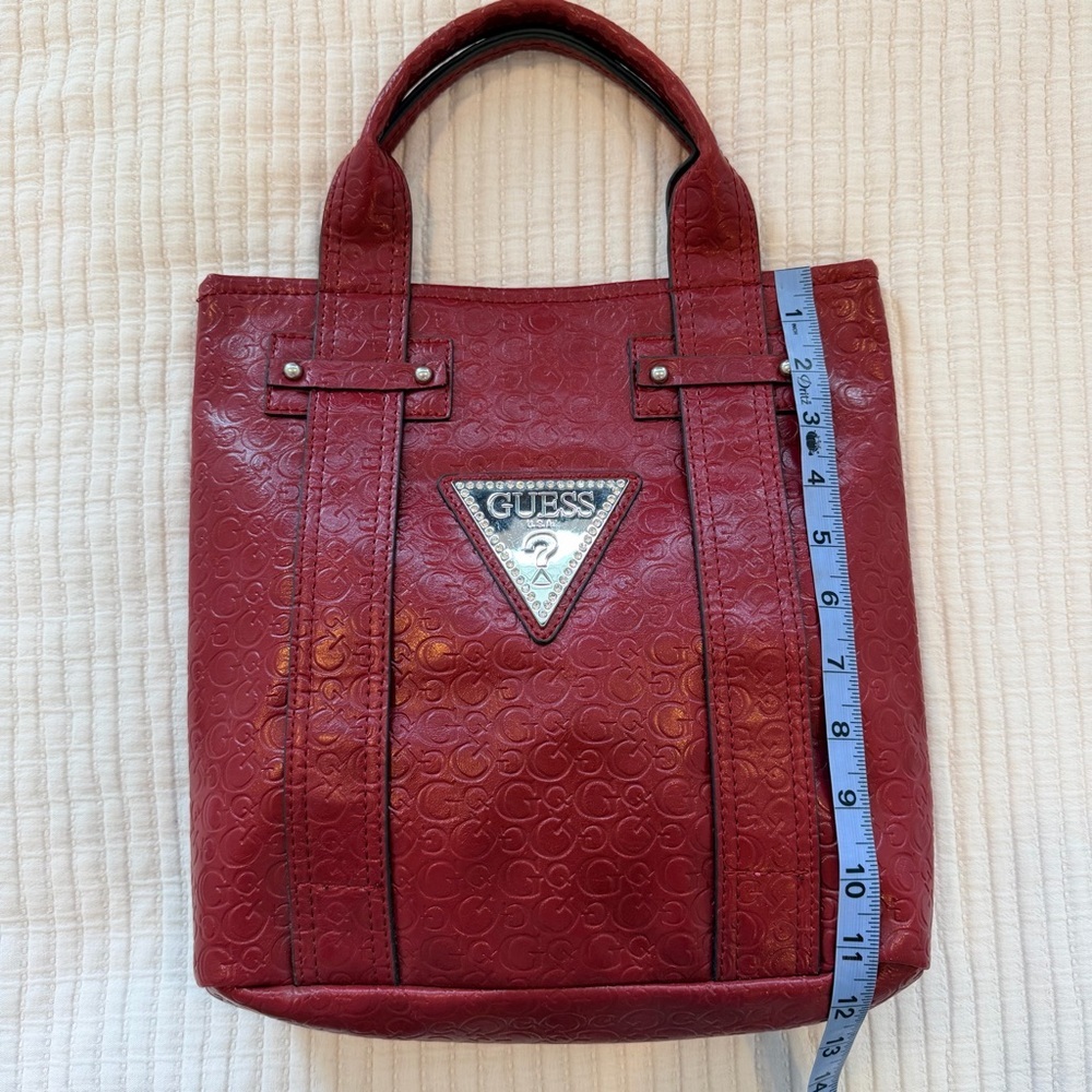 GUESS Y2K Burgundy Monogram Hand Bag Signature Silver Triangle Rhinestone Logo - Picture 10 of 15